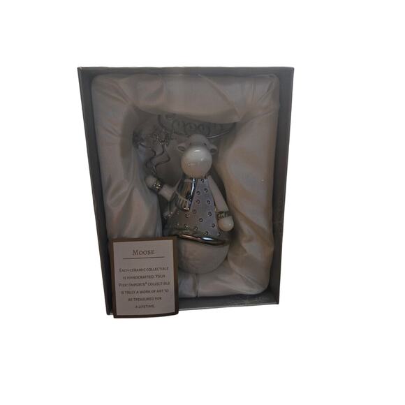 Pier1 Porcelain Moose Collectible Figurine Winter Christmas Silver White - Picture 1 of 8